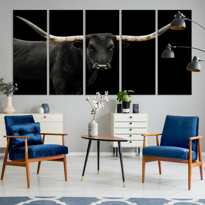 Black White Longhorn Bull Wall Art Canvas Print, Texas Ranch Print, Framed Western Cow Art Print for Farmhouse Decor - Longhorn Print