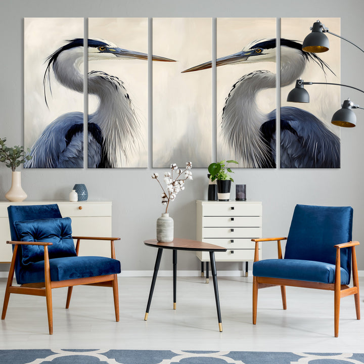 Blue Heron Pair Wall Art Canvas Print, Coastal Bird Theme Print, Framed Tranquil Wildlife Scene Art Print, Large Nature Inspired Decor Printing