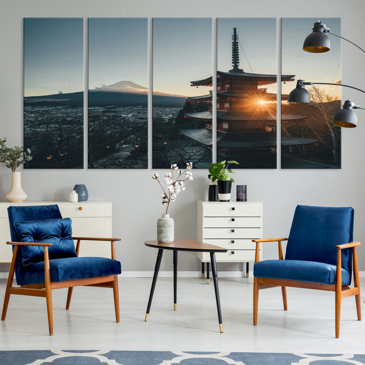 Chureito Pagoda at sunset with Mount Fuji in the background, city lights below, and golden sun rays, ideal for Japanese-inspired wall art.