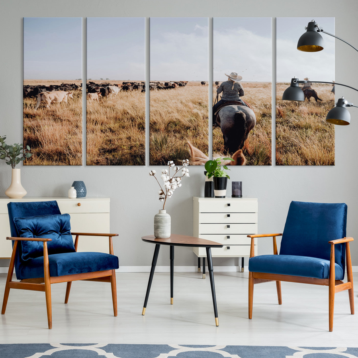 22431577-MGV-CV-36X24-Western Wall Art Wall Art Canvas Print, Framed Cowboy Canvas Art Picture Print, Cattle Drive Scene Perfect Rustic Western Decor Artwork