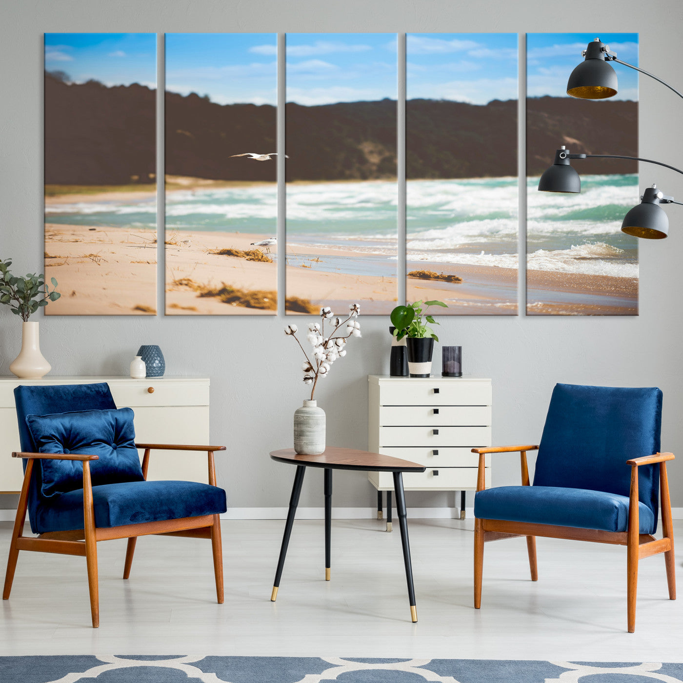 84260965-MGV-CV-36X24-Tranquil Beach Scene Wall Art Canvas Print, Framed Blue Ocean Waves Art Picture Print, Sandy Coastline Perfect Coastal Cottage Decor Artwork