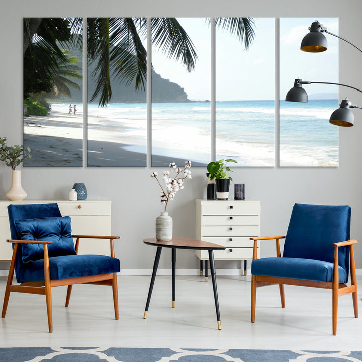 Tropical beach with palm tree shadows, white sand, and turquoise ocean waves, creating a serene and relaxing island escape atmosphere.