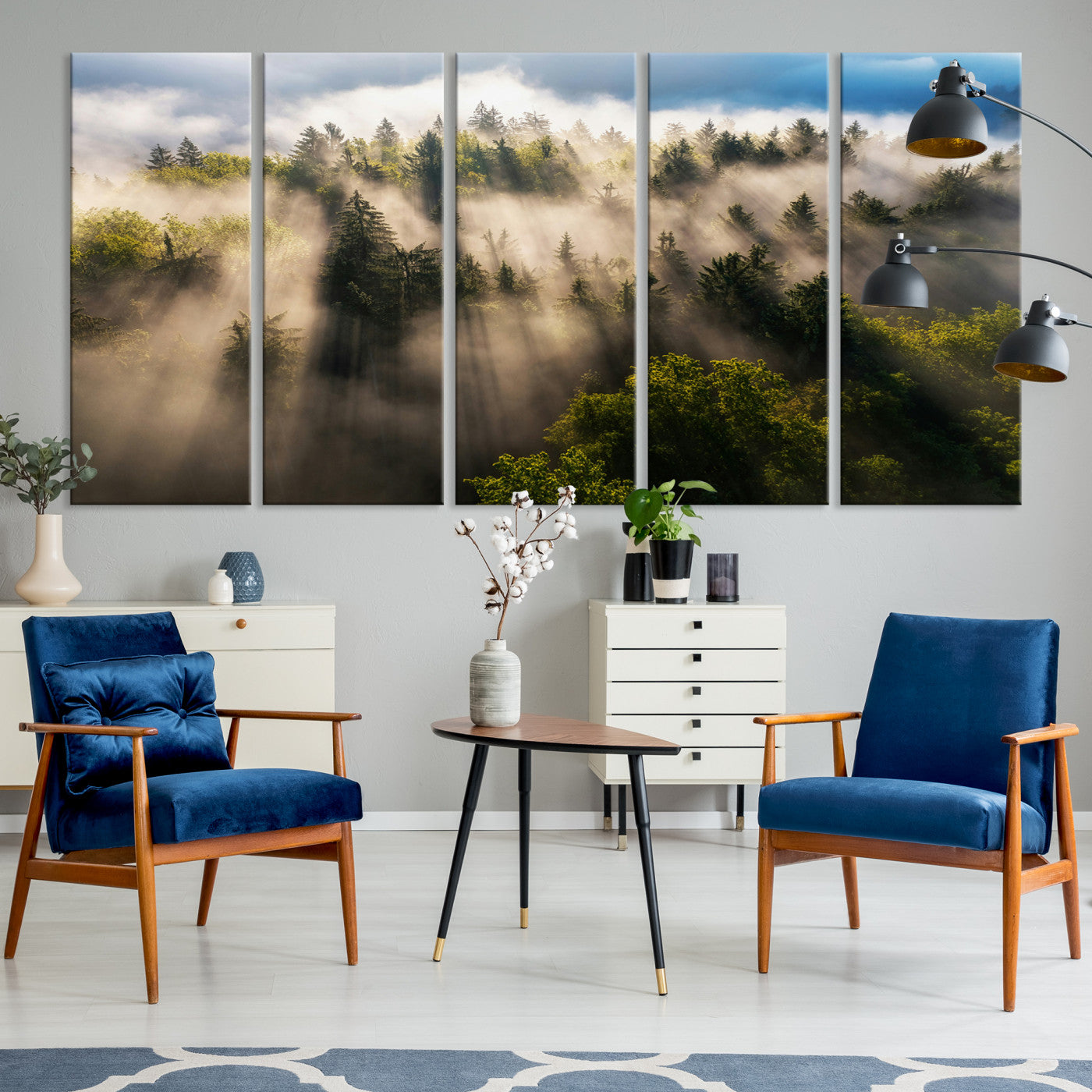 14785710-MGV-CV-36X24-Tranquil Forest Scene Wall Art Canvas Print, Framed Sunbeam Through Trees Art Picture Print, Moody Green Wall Art Perfect Scandinavian
