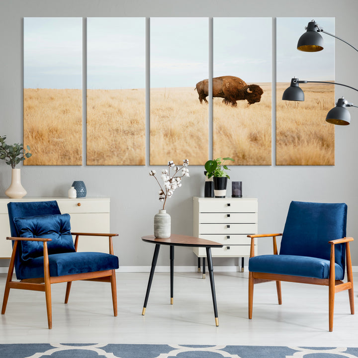 A lone bison standing in a vast golden grassland under a soft blue sky, evoking a rustic and Western aesthetic, ideal for farmhouse decor.