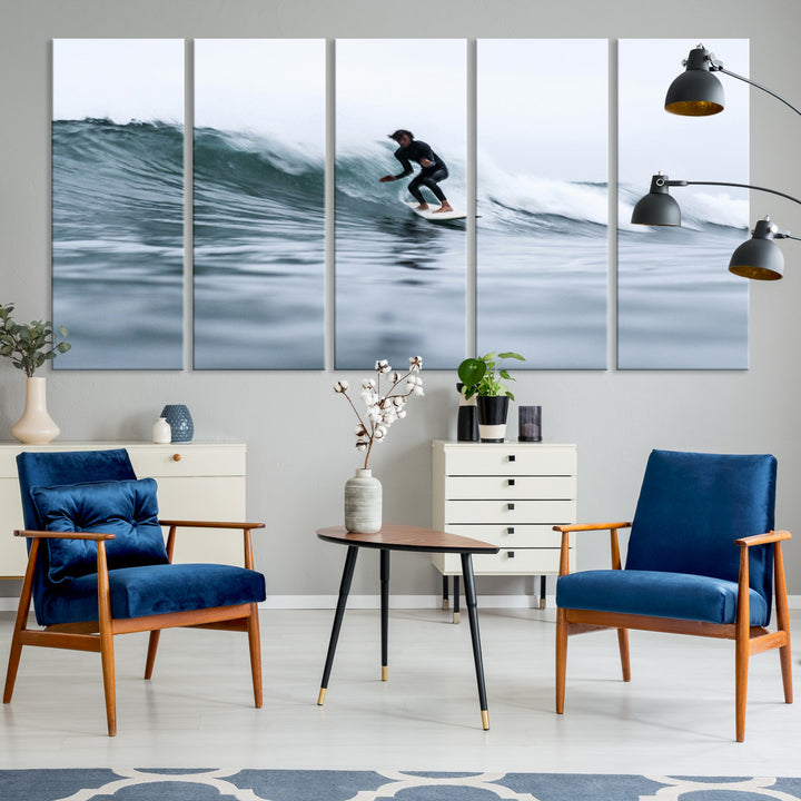 Surfer on Wave Wall Art Canvas Print, Ocean Adventure Print, Framed Motion Blur Water Art Print, Large Deep Blue Surf Printing