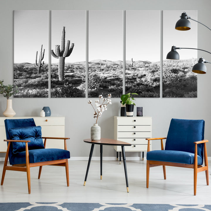 Saguaro Cactus Wall Art Canvas Print, Monochrome Landscape Print, Framed Scenic Arizona Art Print, Large Timeless Western Aesthetic Printing