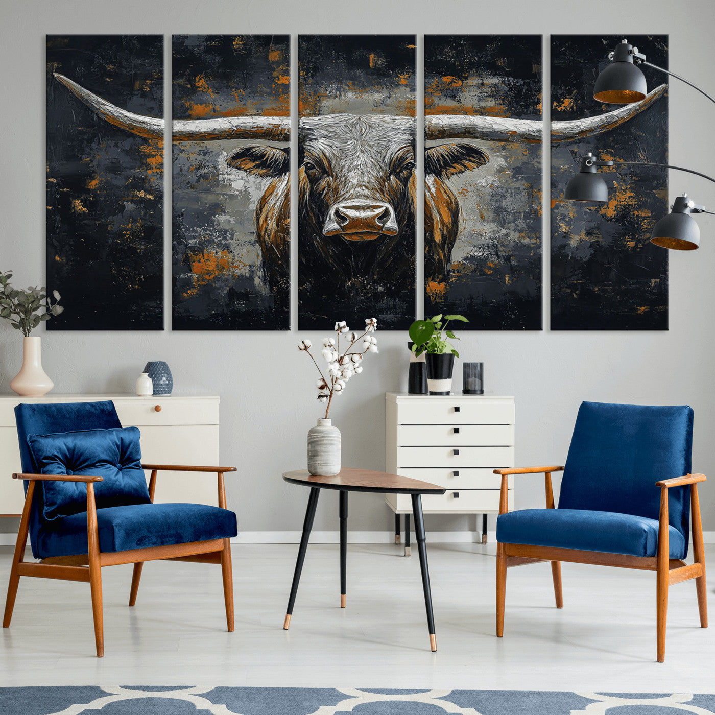 93195031-MGV-CV-36X24-Rustic Longhorn Bull Wall Art Canvas Print – Vintage Western Cattle Painting, Texas Steer Artwork for Ranch, Farmhouse or Cowboy Decor