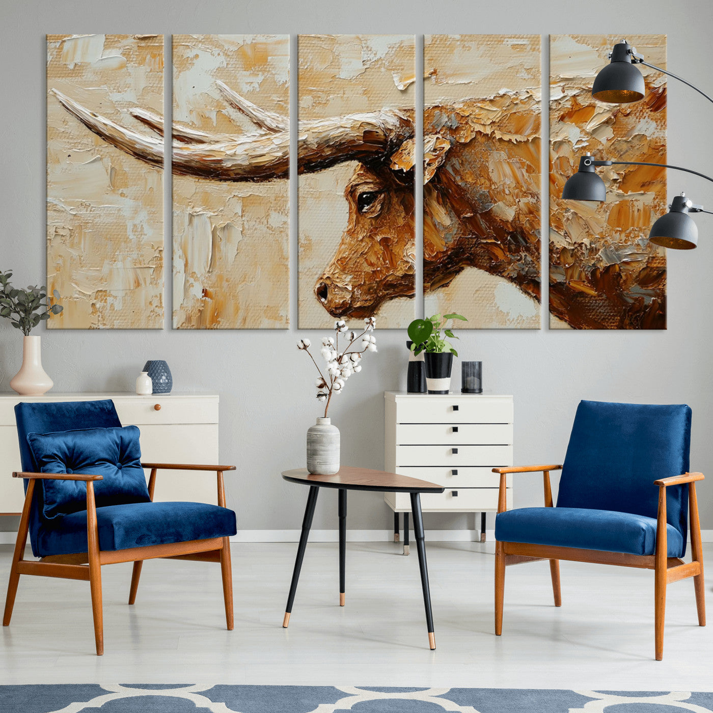 Rustic Longhorn Bull Wall Art Canvas Print – Vintage Western Cattle Painting, Texas Steer Artwork for Ranch, Farmhouse or Cowboy Decor
