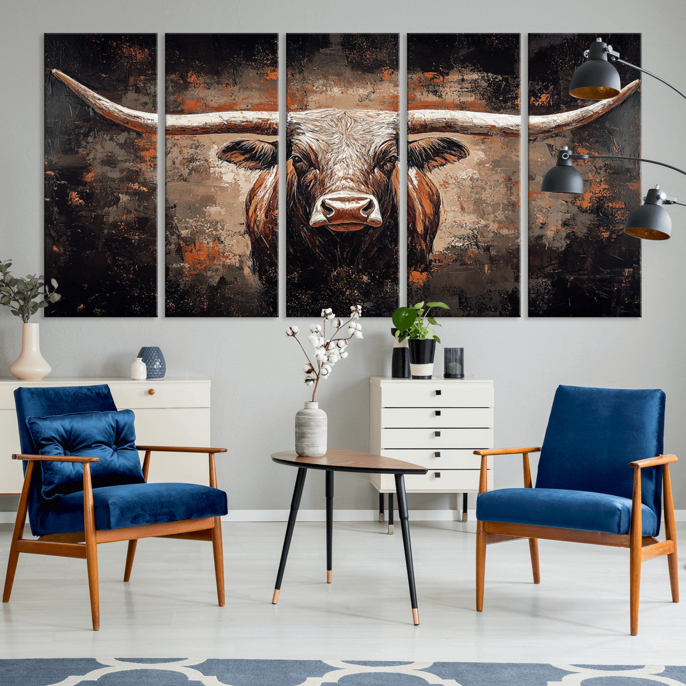 Rustic Longhorn Bull Wall Art Canvas Print – Vintage Western Cattle Painting, Texas Steer Artwork for Ranch, Farmhouse or Cowboy Decor