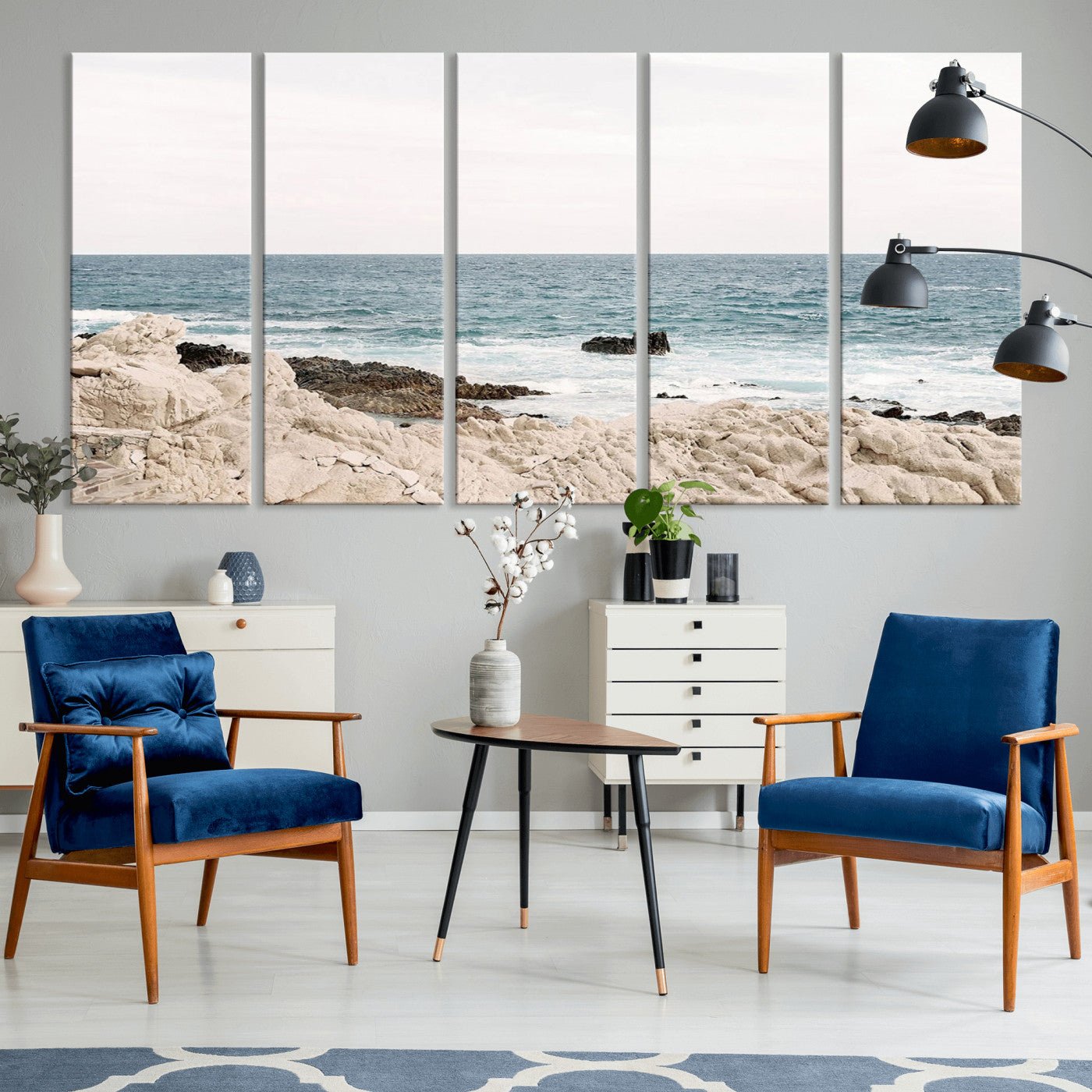 Coastal Ocean View Wall Art Canvas Print – Serene Rocky Shoreline and Blue Sea Photography for Coastal Chic or Minimalist Home Decor