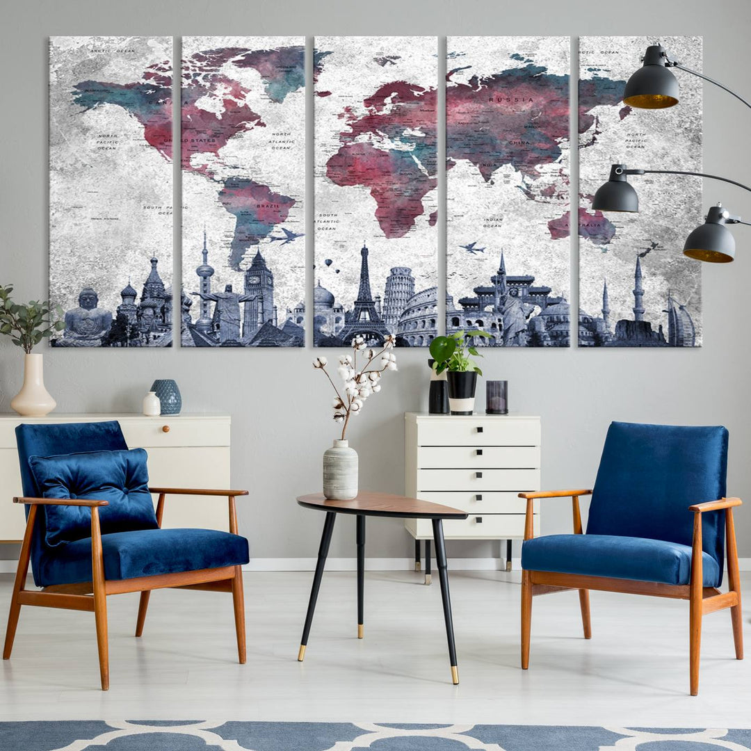 The dining room features a Blue Multipanel World Map Wall Art Canvas Print that adorns the wall, highlighting its neutral decor.