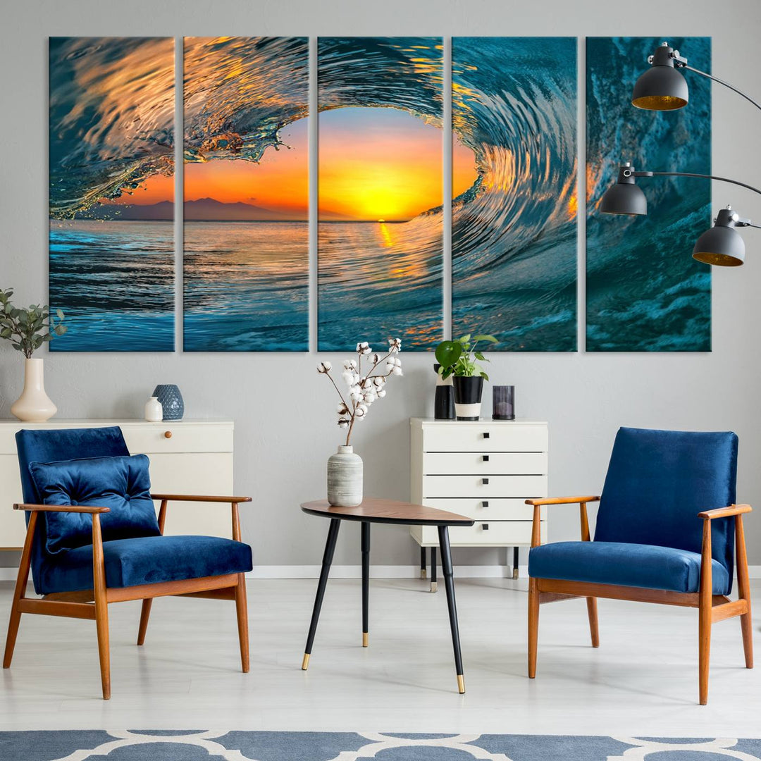 The Ocean Wave Sunset Wall Art canvas print features a vibrant ocean wave at sunset, forming a tunnel with silhouetted mountains.