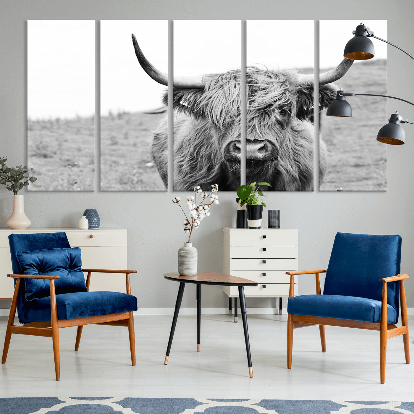 16248-MGV-CV-36X24-Newfoundland Cow Art Wall Art, Black White Cow Art Wall Art Canvas Print