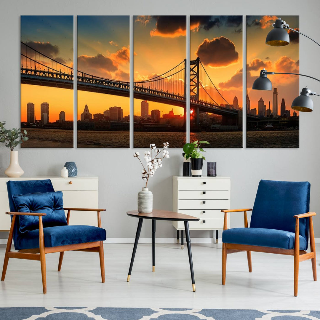 The Philadelphia Ben Franklin Bridge Wall Art Canvas Print radiates charm, embodying the beauty of premium canvas. This handmade-in-the-USA artwork captures attention with its distinct presence.