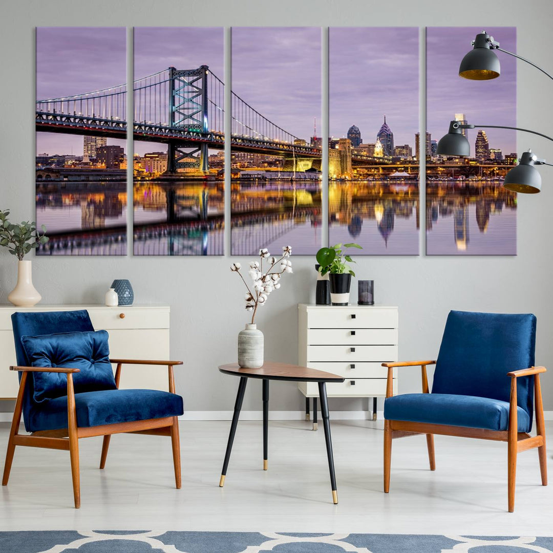 A woman holds the Philadelphia Ben Franklin Bridge Wall Art Canvas Print, a gallery-quality photo showcasing a city skyline with the bridge reflecting on the river. This stunning piece would make an excellent addition as premium canvas wall art for any home.