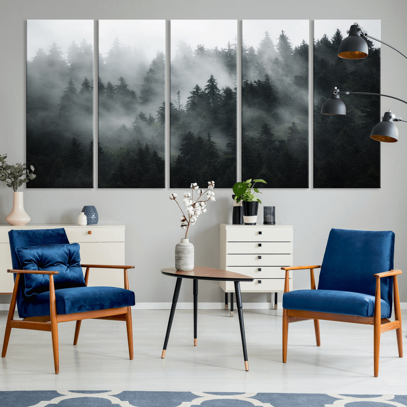 52359-MGV-CV-36X24-Foggy Forest Wall Art Canvas Print | 3 Panel Large Misty Landscape for Dining Room, Office, or Living Room | Ready to Hang Nature Deco