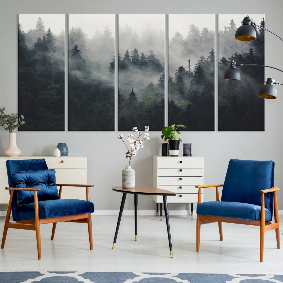 The Serene Triptych Print features tall evergreens, creating a mysterious and calming atmosphere.