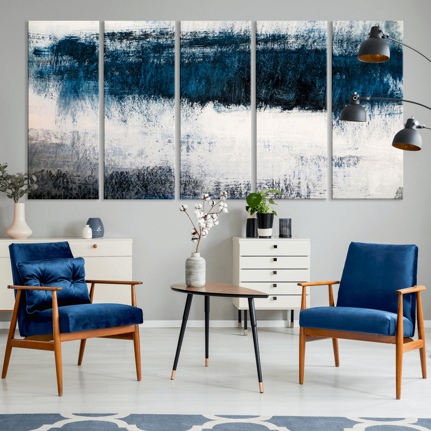 38954-MGV-CV-36X24-Abstract Blue and White Canvas Art | Large Wall Art for Modern Living Room Decor | Minimalist Brushstroke Painting on Canvas