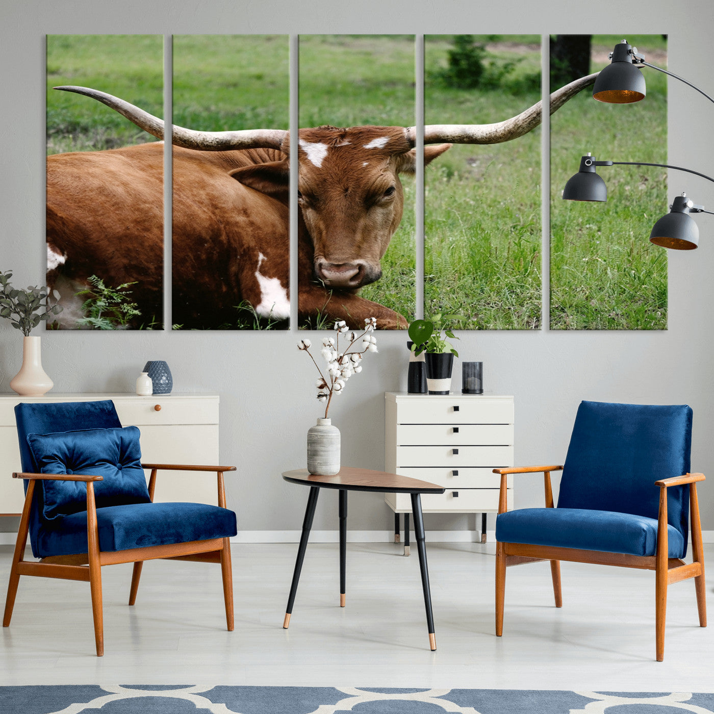 45997-MGV-CV-36X24-Longhorn Steer Canvas Wall Art – Rustic Nature Triptych Decor for Living Room or Office – Ready to Hang