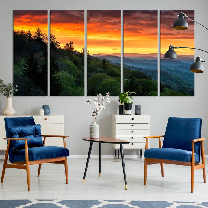 The Great Smoky Mountains Sunset Wall Art, a 3-panel print, beautifully captures natures beauty and is perfect for living room or office decor.