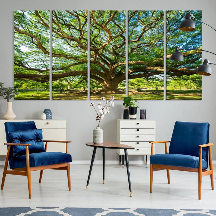 The Angel Oak Tree Wall Art, a multi-panel canvas print showcasing a large tree with sprawling branches and green leaves in a style reminiscent of the majestic Angel Oak Tree, elegantly adorns the wooden wall in the living room.