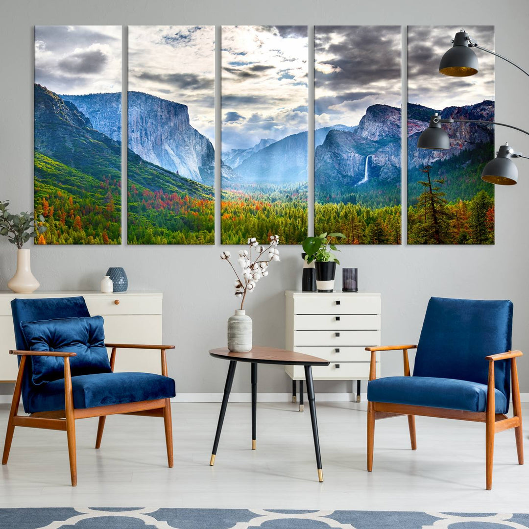 The Yosemite Park Half Dome 3 Panel Canvas Print beautifully captures the enchanting beauty of national parks with its vibrant mountain and forest scene. This large giclée landscape wall art is perfect for living rooms, offices, or bedrooms and comes ready to hang.