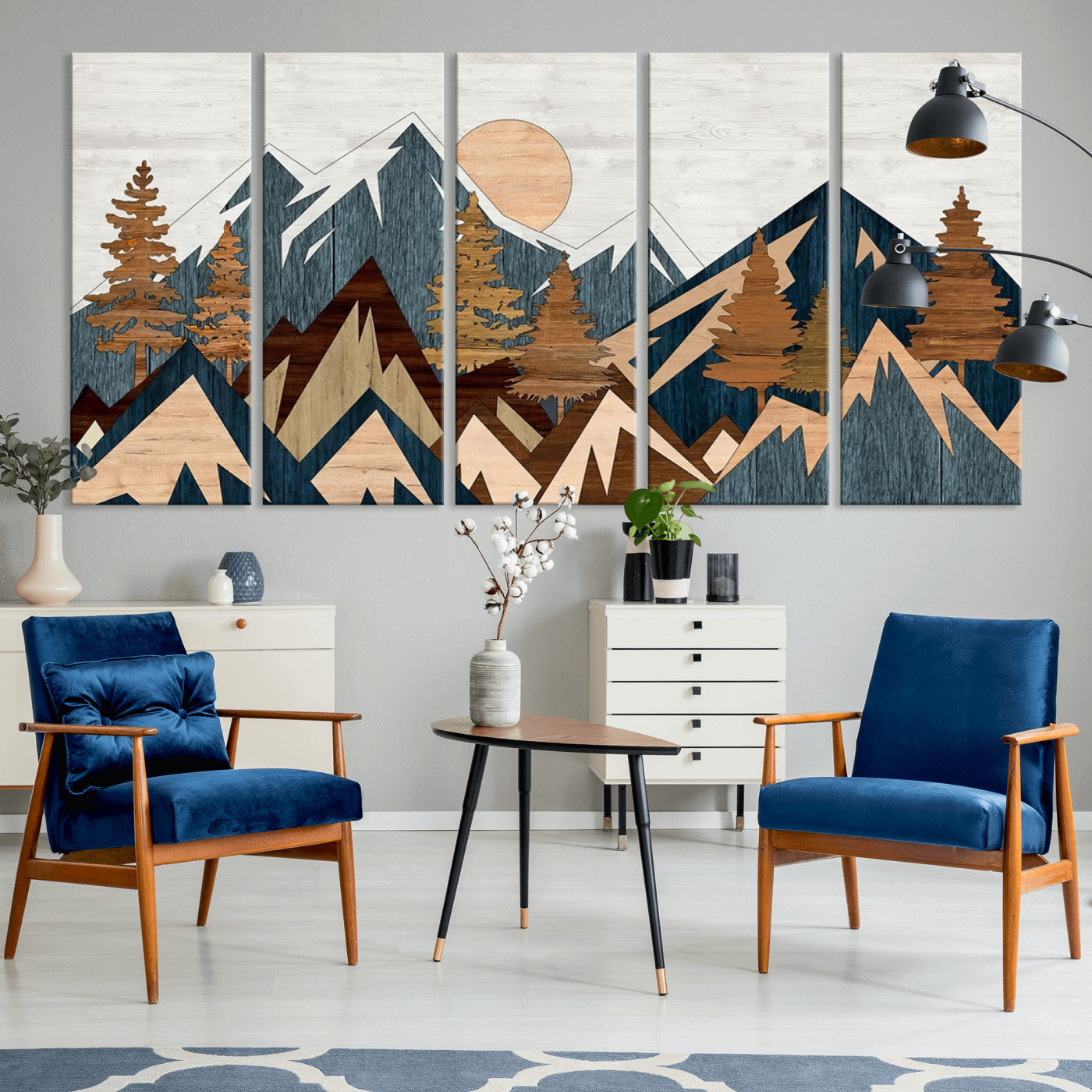 91467-MGV-CV-36X24-Abstract Wood Panel Effect Mountain Range Top Wall Art Canvas Print