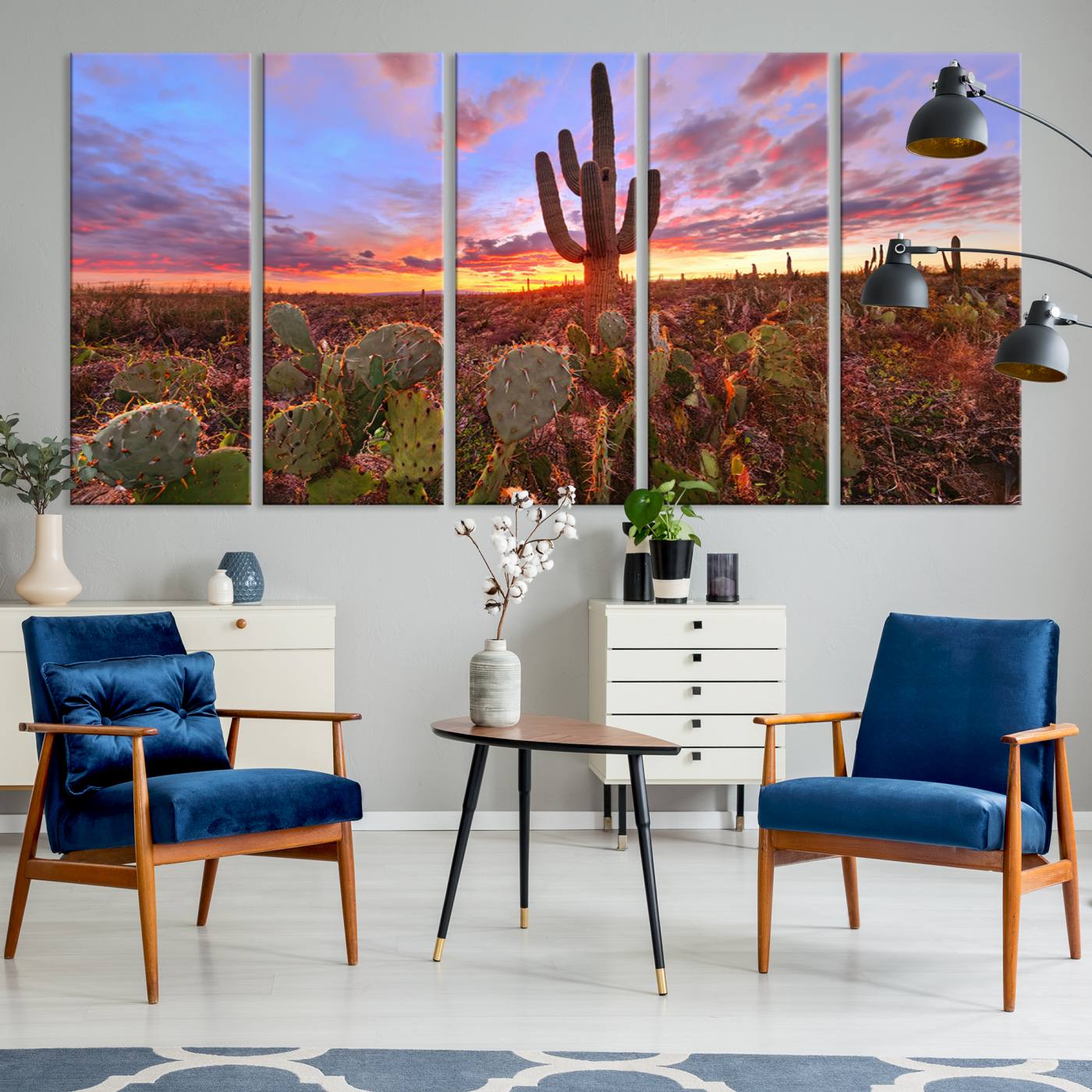 The Arizona Desert Sunset Wall Art Canvas Print hangs prominently.