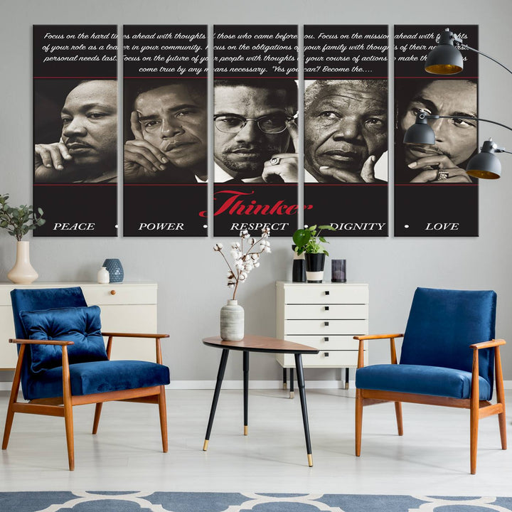 The Thinkers of Wall Art Canvas Print features icons of peace, power, and respect; it is framed and ready to hang.