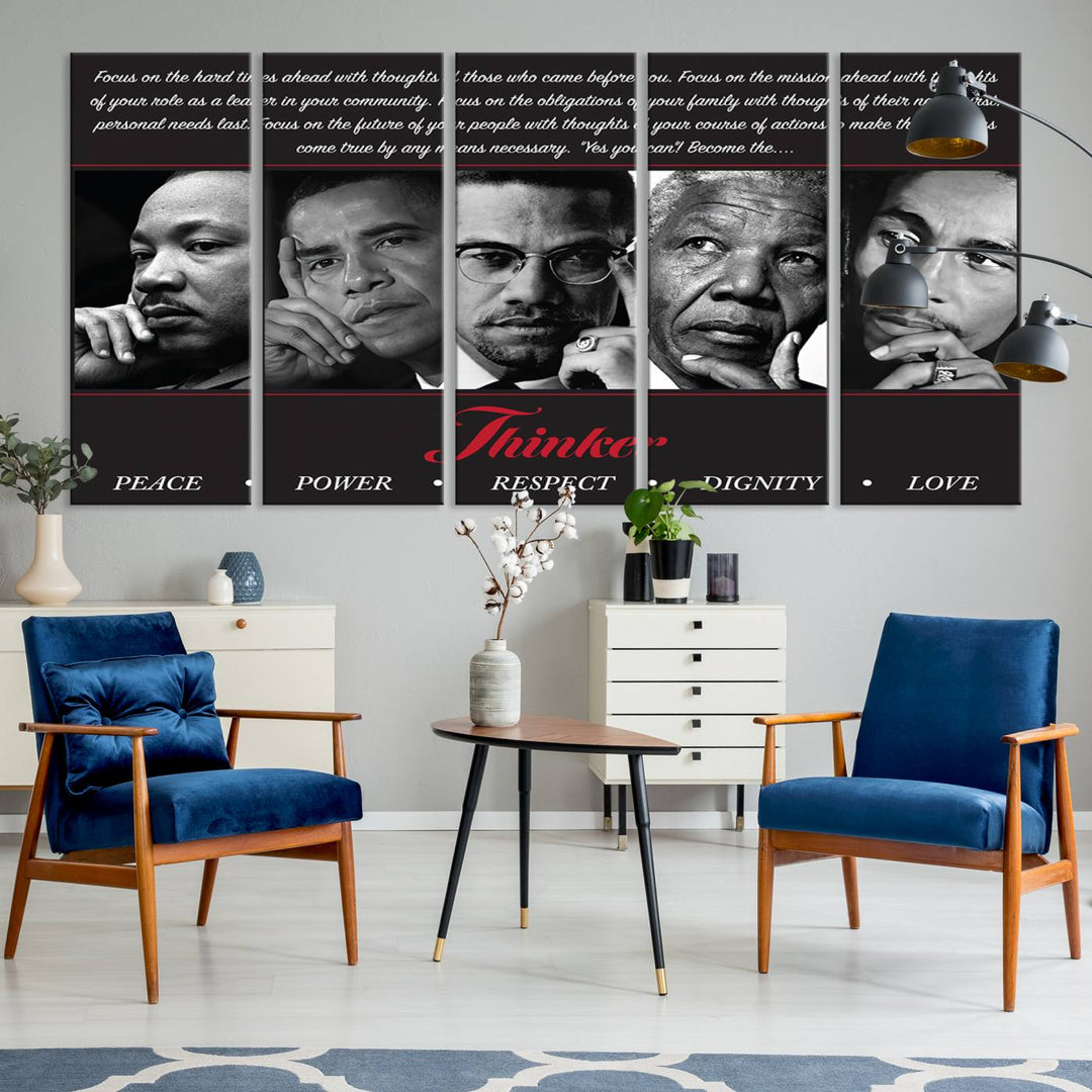 The wall art is a black and white piece featuring iconic figures accompanied by the words Thinker Peace Power Respect Dignity.