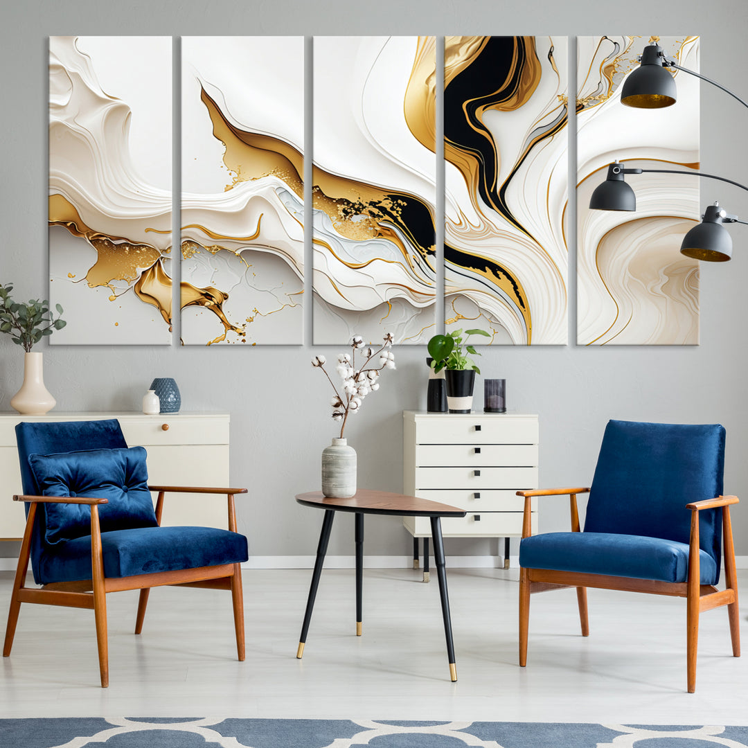 Modern interiors showcase Gold Waves on Pure White Canvas.