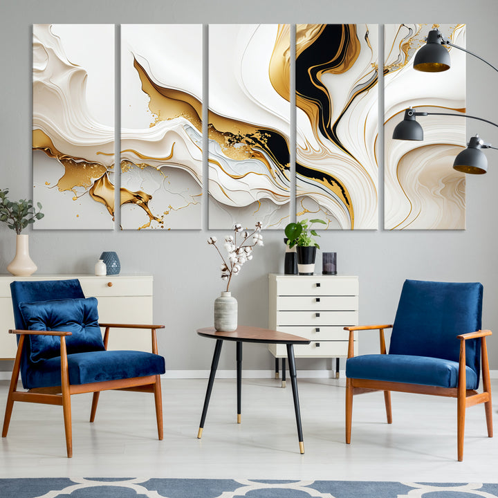 Modern interiors showcase Gold Waves on Pure White Canvas.