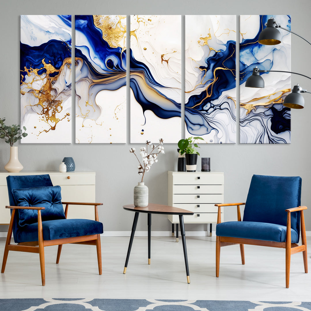 Golden Cascades on Midnight Blue wall art swirls above, featuring gold and white accents.