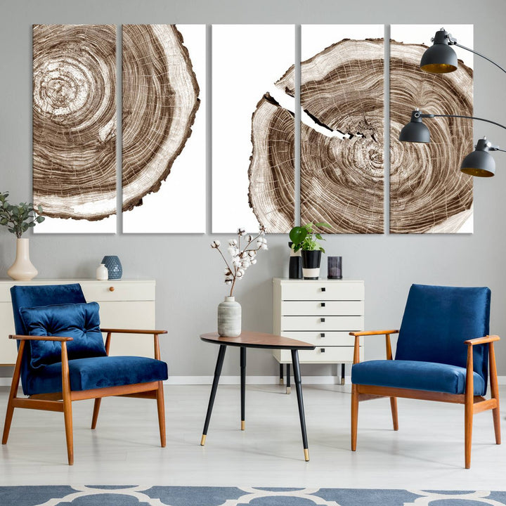 Wood Tree Ring Wall Art on a minimalist black and white canvas.