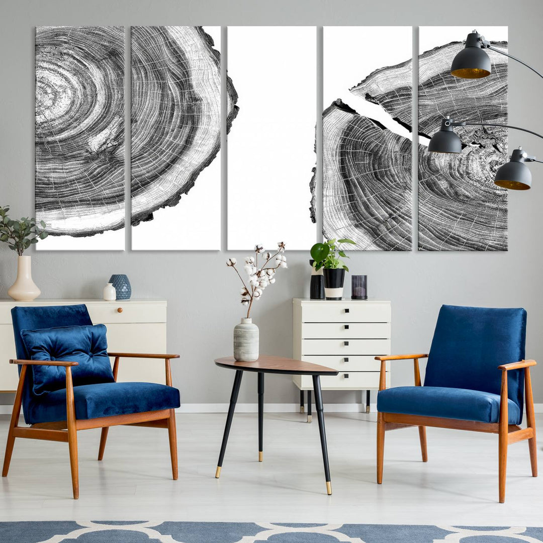 The minimalist art piece Abstract Large Tree Rings on canvas creates a striking focal point.