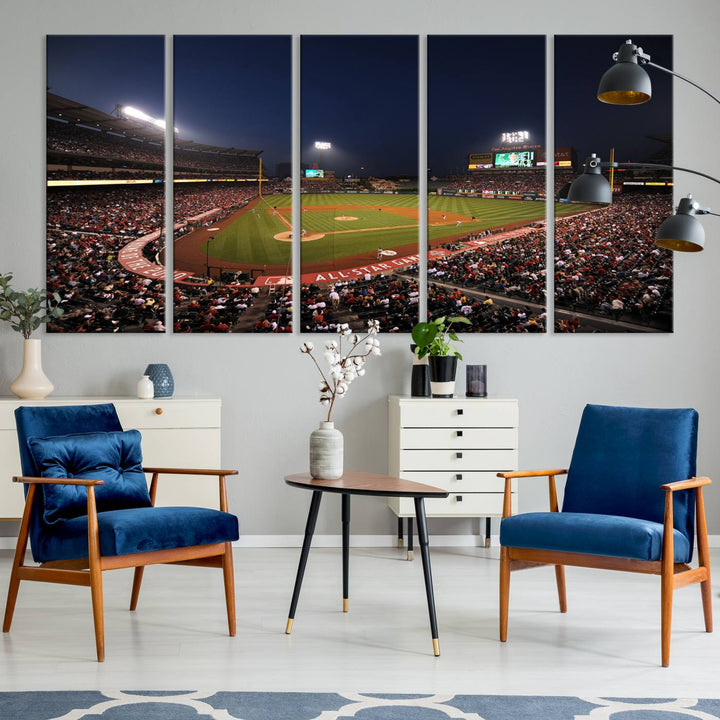 Aerial view of an LA Angels game at night, captured as stunning wall art on premium canvas, handmade in the USA.