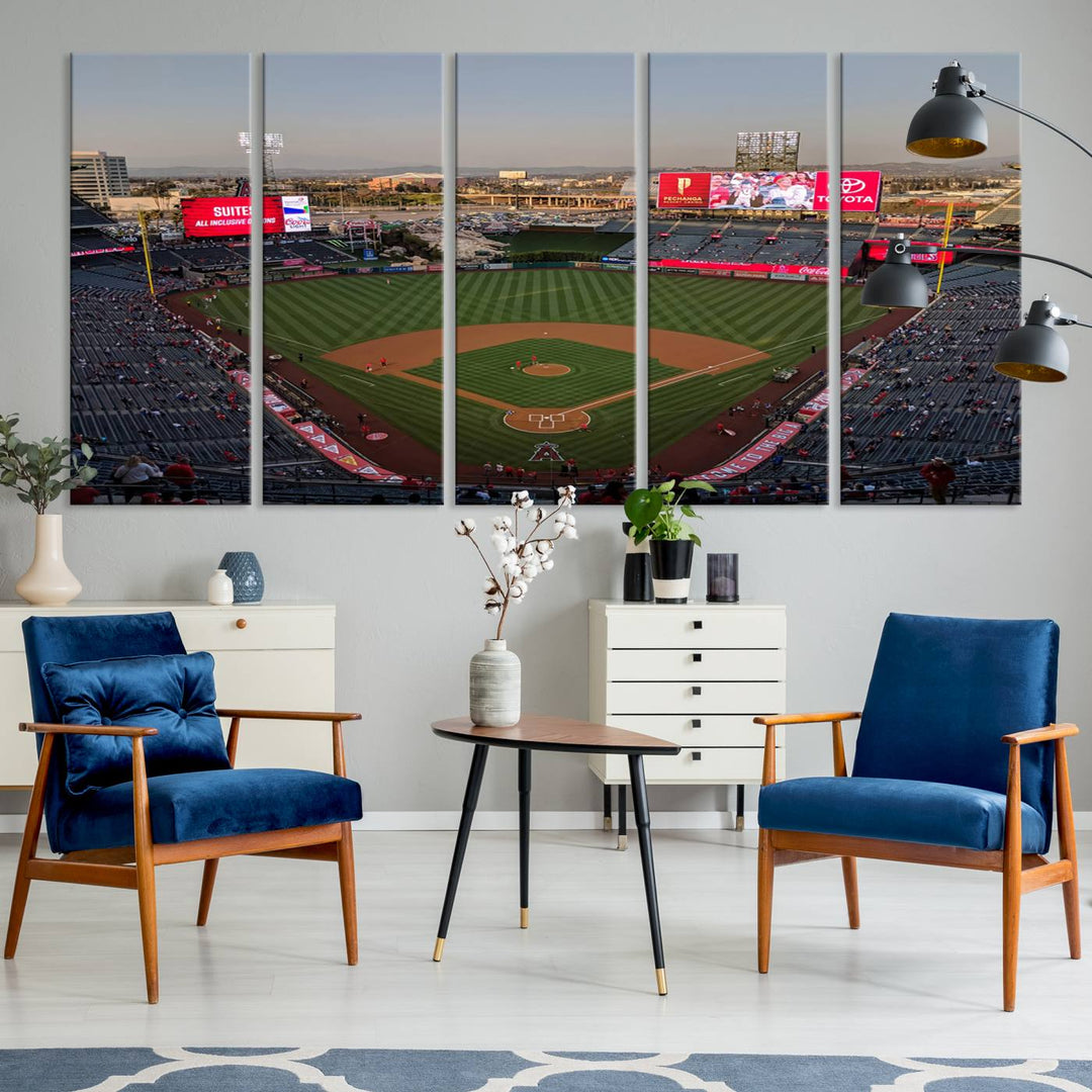 Aerial view of Angel Stadium, perfect as gallery-quality wall art - Los Angeles Angels Canvas Print.