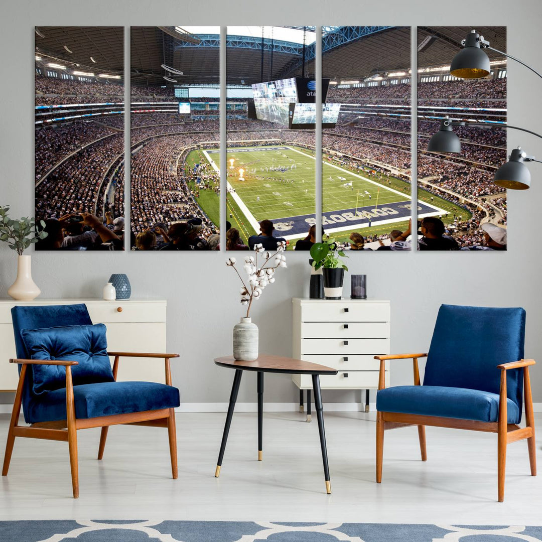 The wall art is a Dallas Cowboys AT&T Stadium Canvas Print, showcasing the iconic logo.