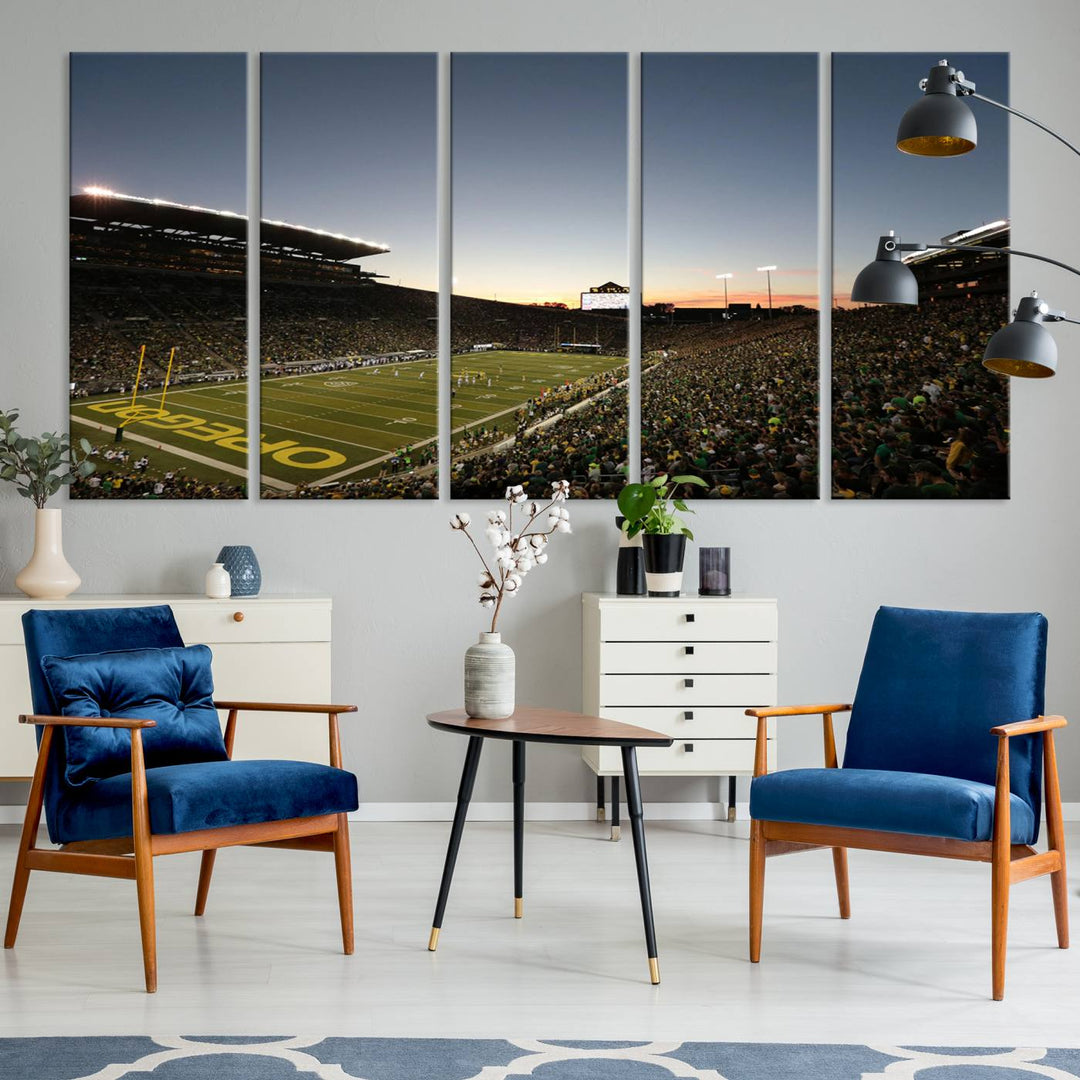 Canvas artwork depicting an Oregon Ducks football game at Autzen Stadium, capturing a sunset and packed stands.