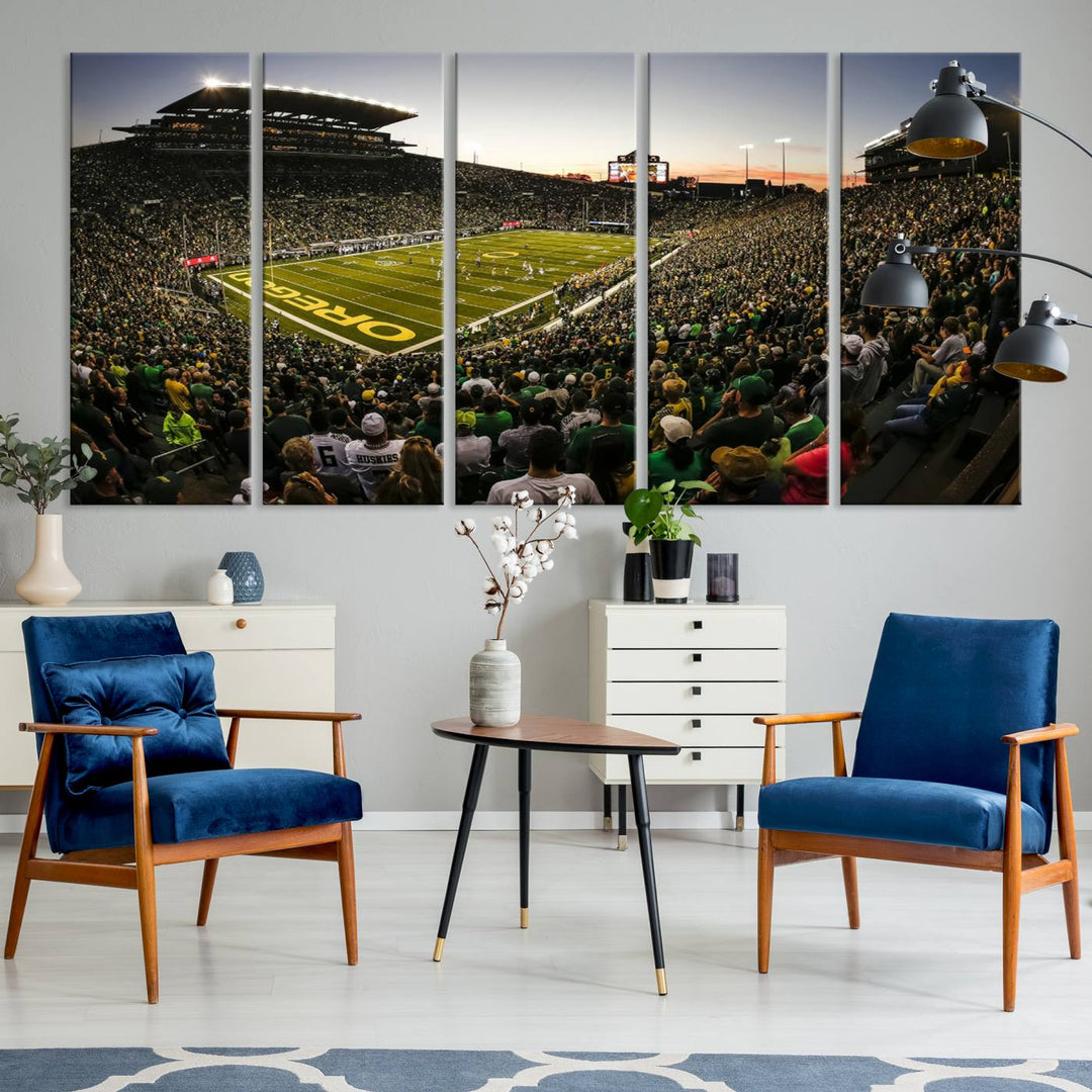 Autzen Stadium Evening Game Triple Canvas Wall Art - Oregon Ducks Football Match