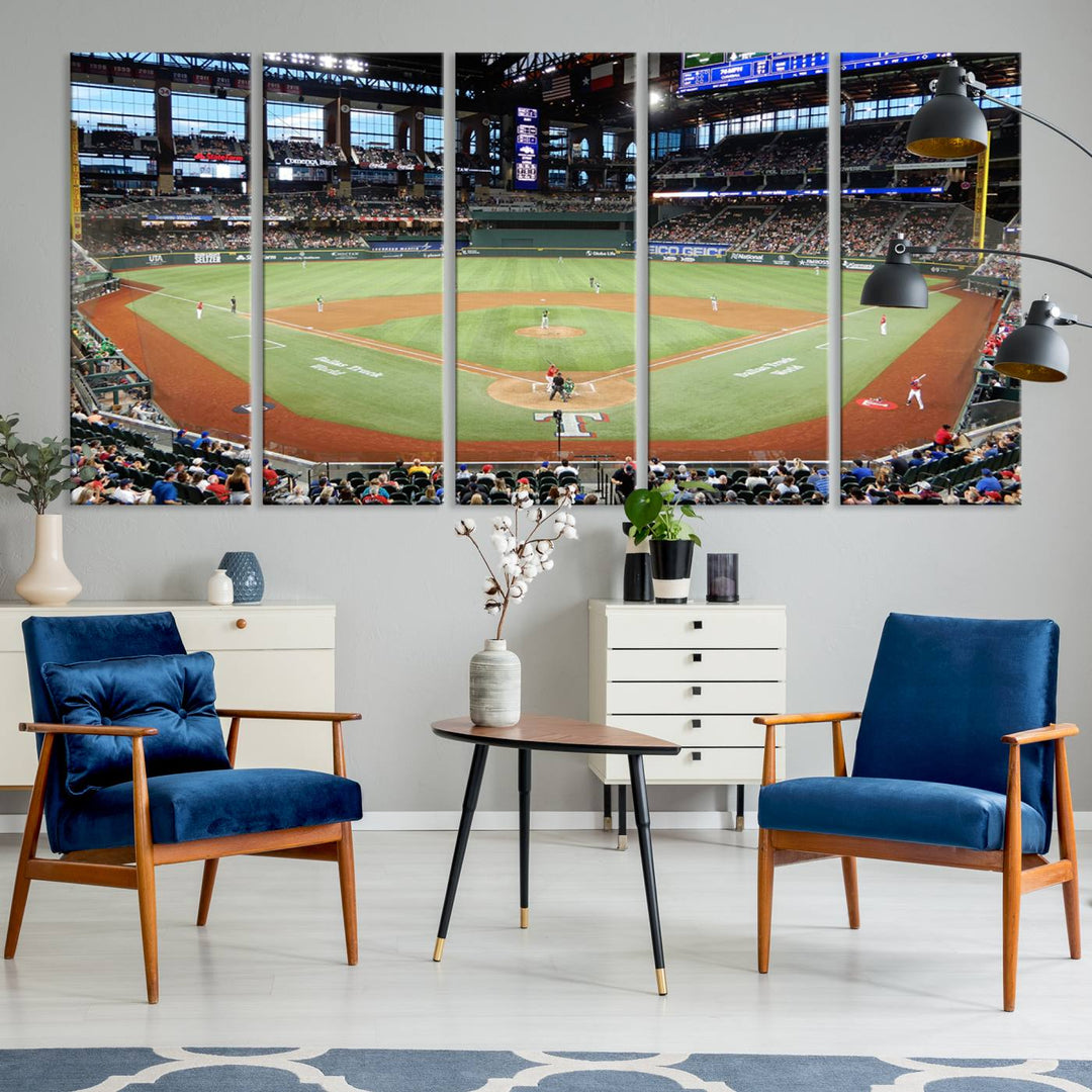 Admire the Texas Rangers Wall Art showcasing Globe Life Fields covered stadium and its lively crowd.