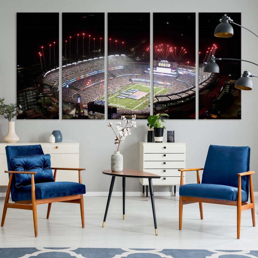 Aerial view of Gillette Stadium with fireworks and flag—ideal for a New England Patriots canvas print.