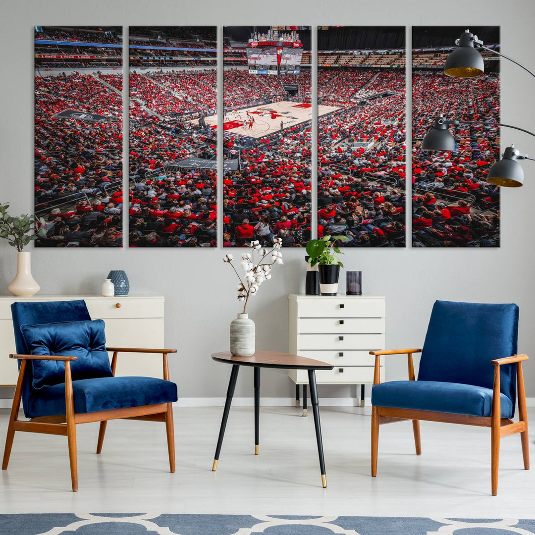 A painting of Louisville Cardinals fans in red at the KFC Yum Center Arena.