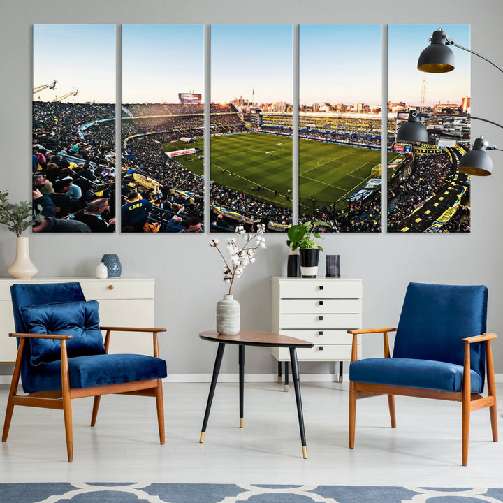 The wall art canvas print vividly captures the dynamic soccer culture at Bombonera Stadium with its vibrant depiction.