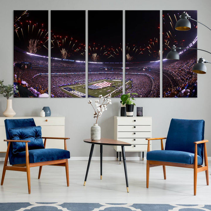 A vibrant wall art piece in MetLife Stadium features a stunning American flag design, capturing the spirited atmosphere of game day.