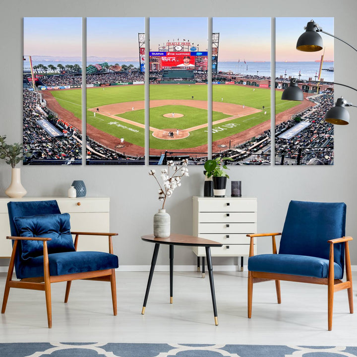 Gallery-quality canvas print of Oracle Park Stadium showcasing a waterfront view from behind home plate.