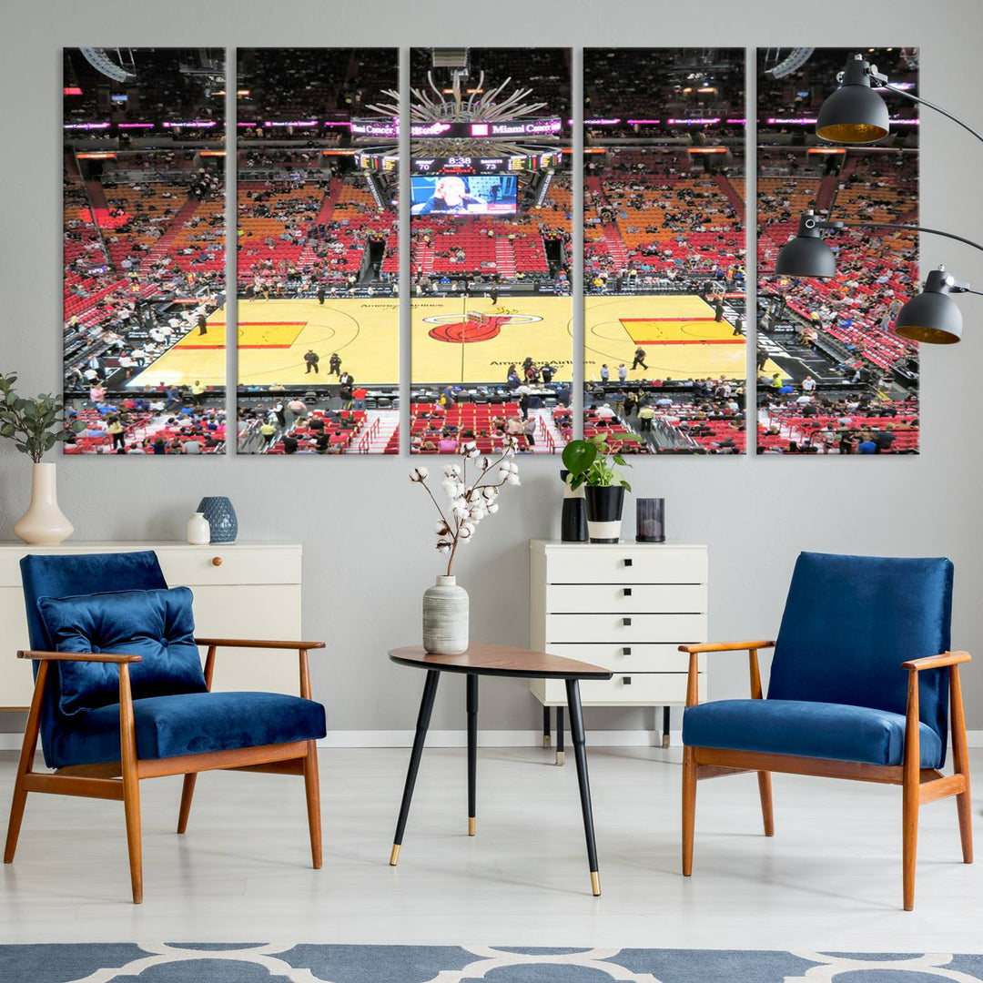 A Miami Heat Basketball Print showcases Kaseya Center Stadium Wall Art with a grand scoreboard.