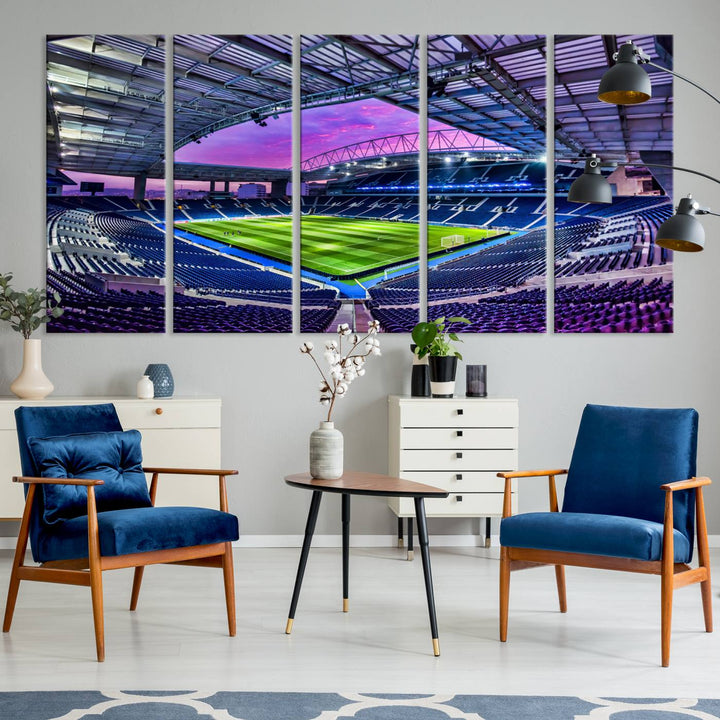 The FC Porto Soccer Team Dragon Stadium Wall Art Canvas Print decorates the room.