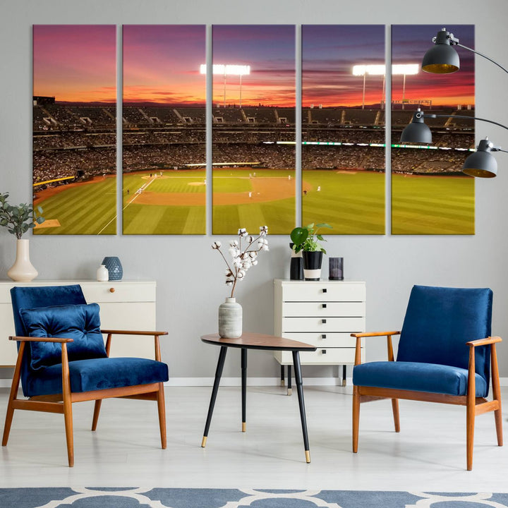 The Oakland Coliseum print is a museum-quality canvas depicting a full crowd and a sunset.