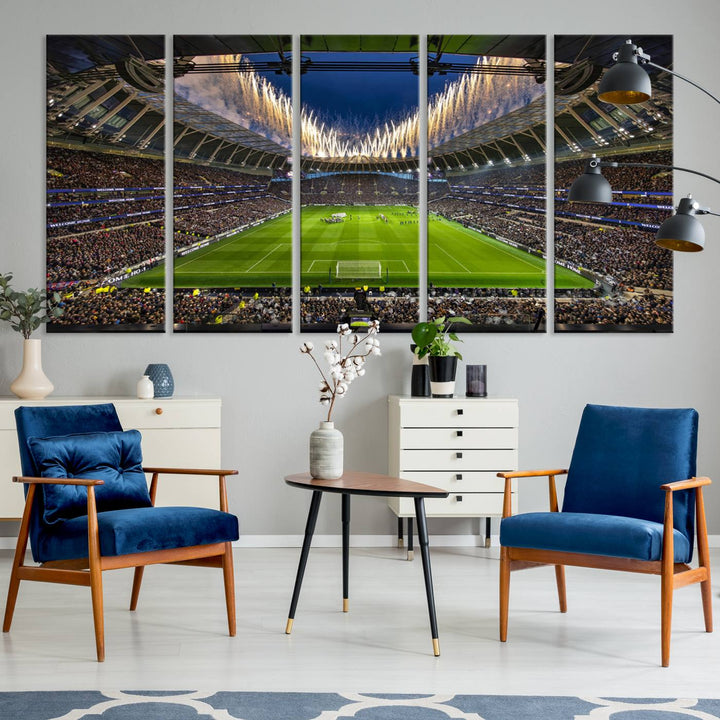 A stunning Tottenham Hotspur Stadium wall art captures the energy of a stadium packed with fans and vibrant lights.